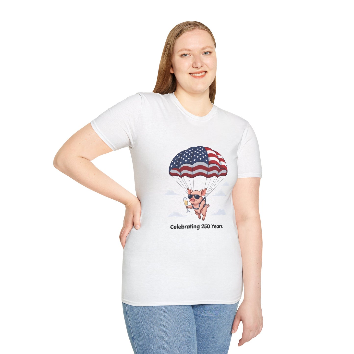 Patriotic Parachuting Piglet T-shirt - “Celebrating 250 Years”