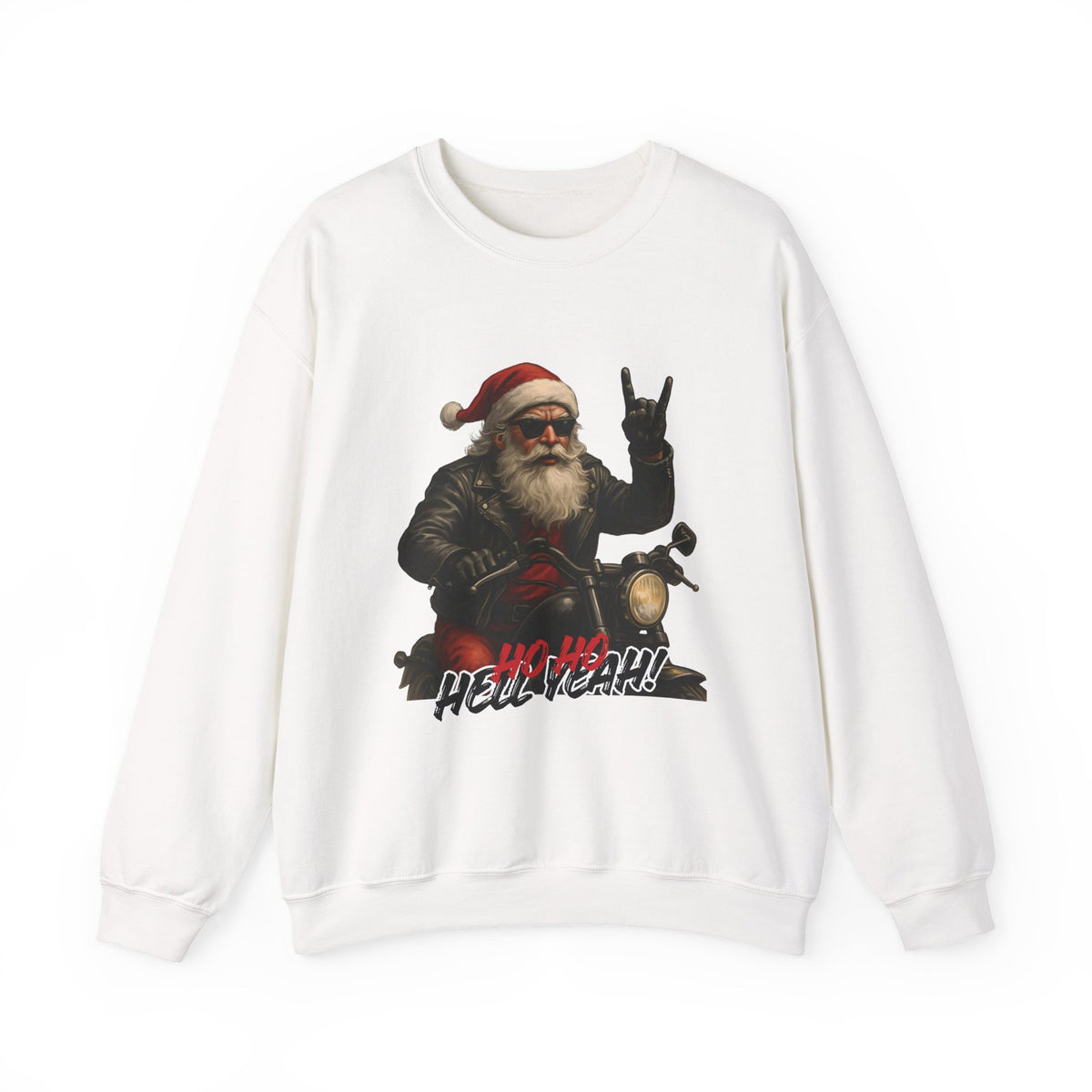 Santa Biker Crewneck Sweatshirt – 'Ho Ho Hell Yeah' Christmas Motorcycle Pullover