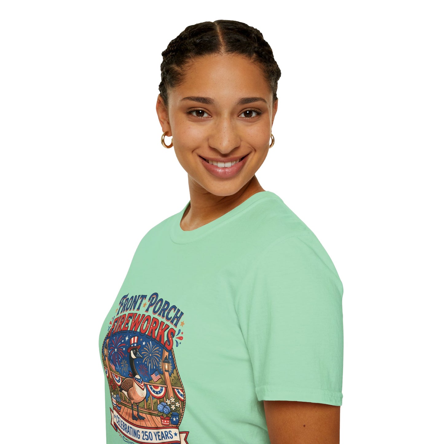 Front Porch Fireworks, Goose T-Shirt — Patriotic 4th of July Celebration Tee