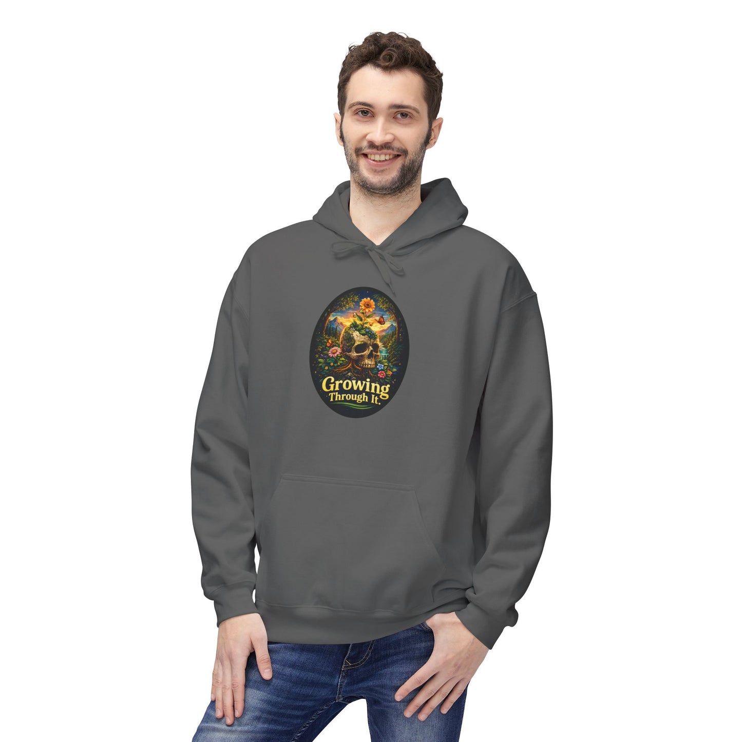 Growing Through It Hoodie – Earth Day Nature Skull Sweatshirt | Mental Growth & Healing Hoodie | Botanical Aesthetic Unisex Hoodie