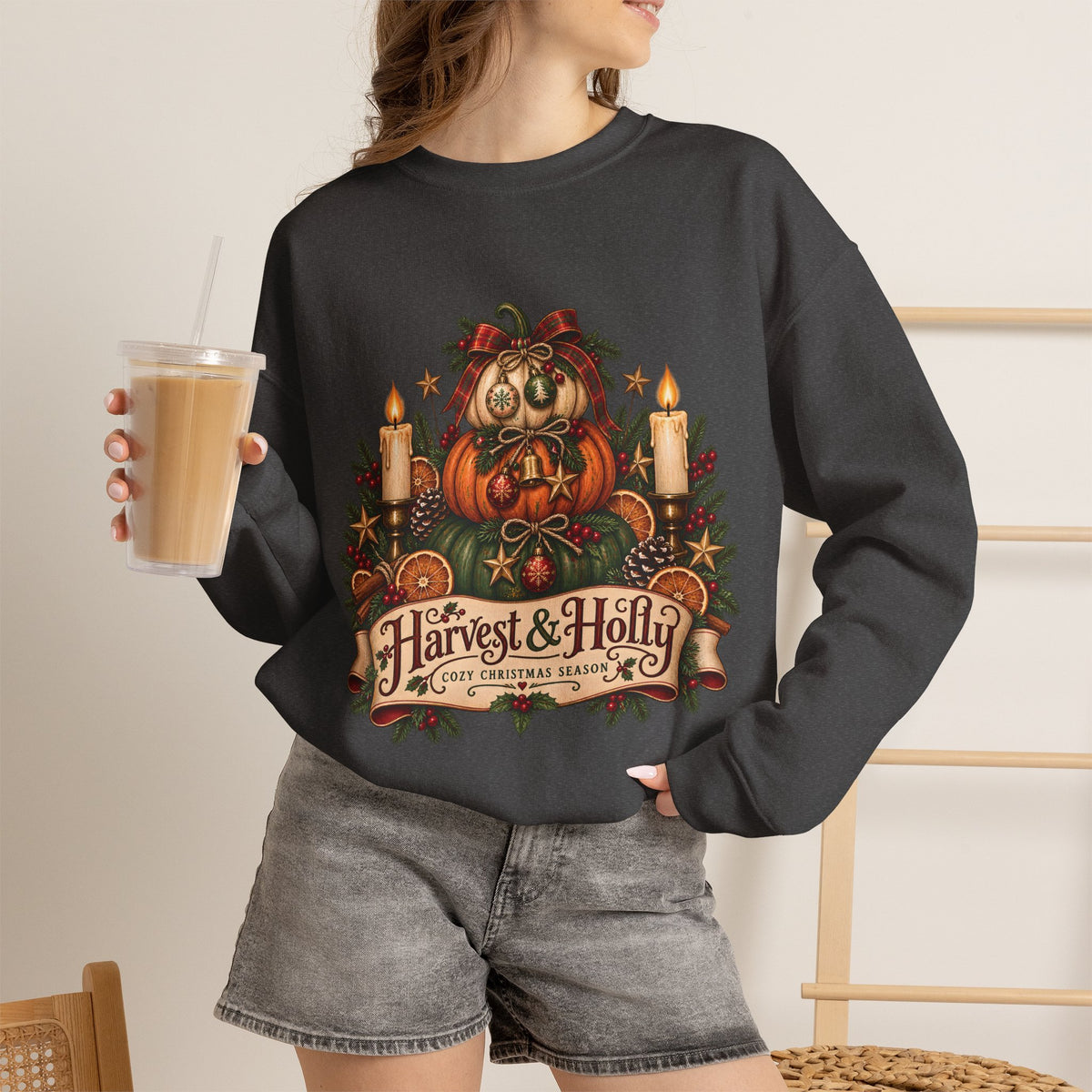 Harvest & Holly Crewneck Sweatshirt — Vintage Pumpkin Fall Graphic Sweatshirt