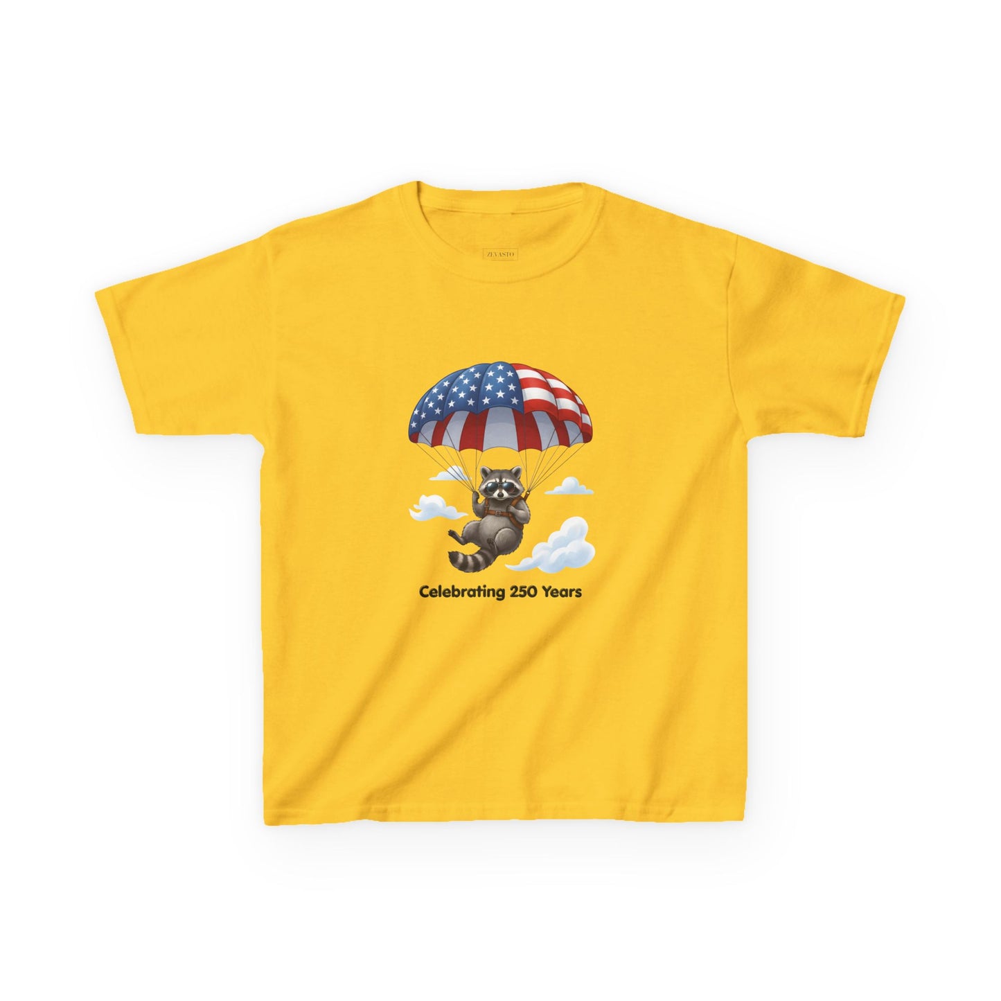 Kids T-Shirt — Patriotic Raccoon Parachute “Celebrating 250 Years”