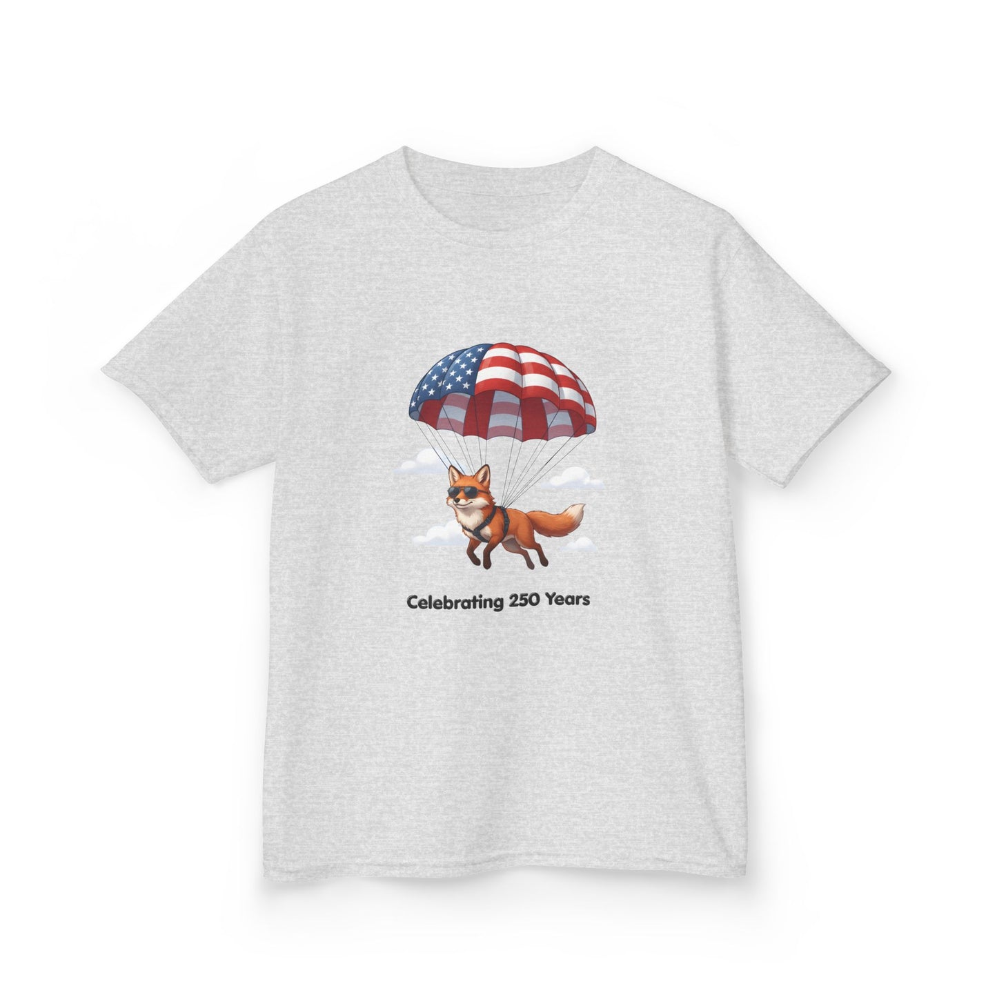 Kids Tee — Patriotic Fox with Parachute - “Celebrating 250 Years”