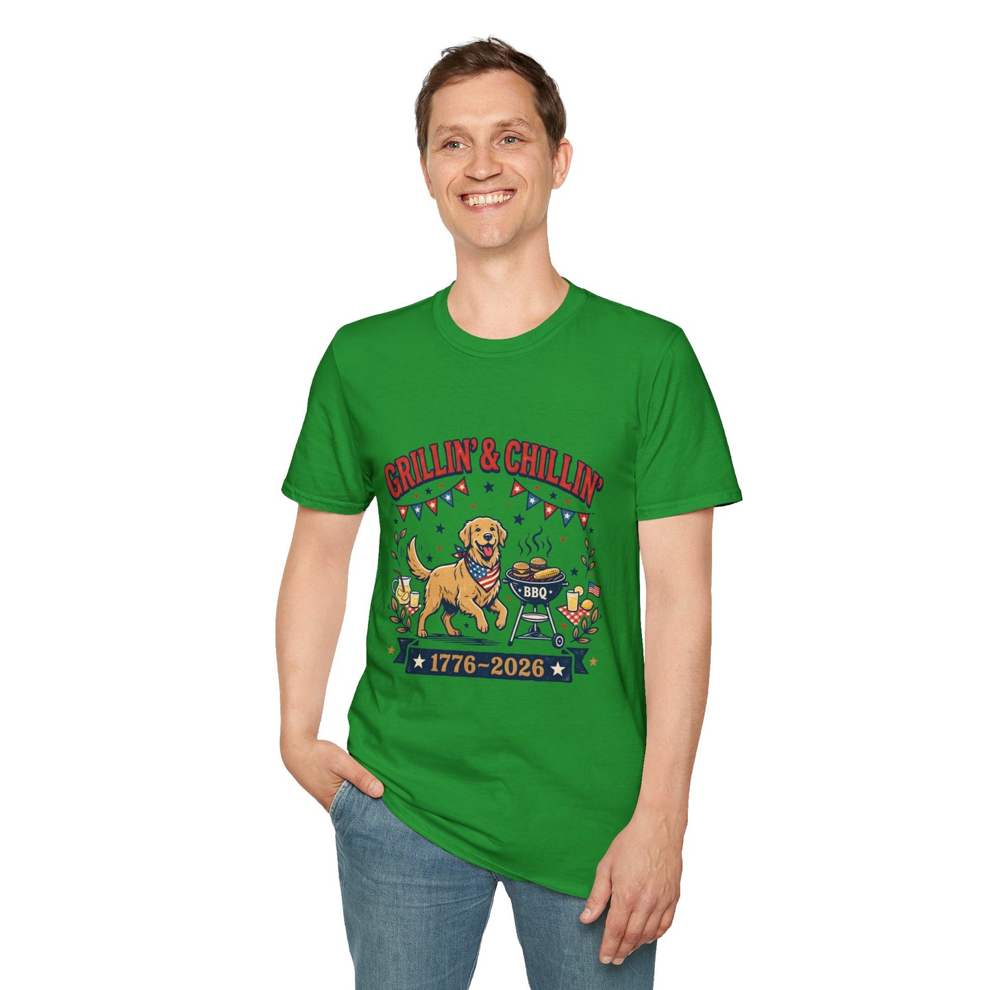Grillin' & Chillin' BBQ Dog T-Shirt — 1776-2026 Patriotic Summer Tee, 4th of July Shirt, Independence Day Tee