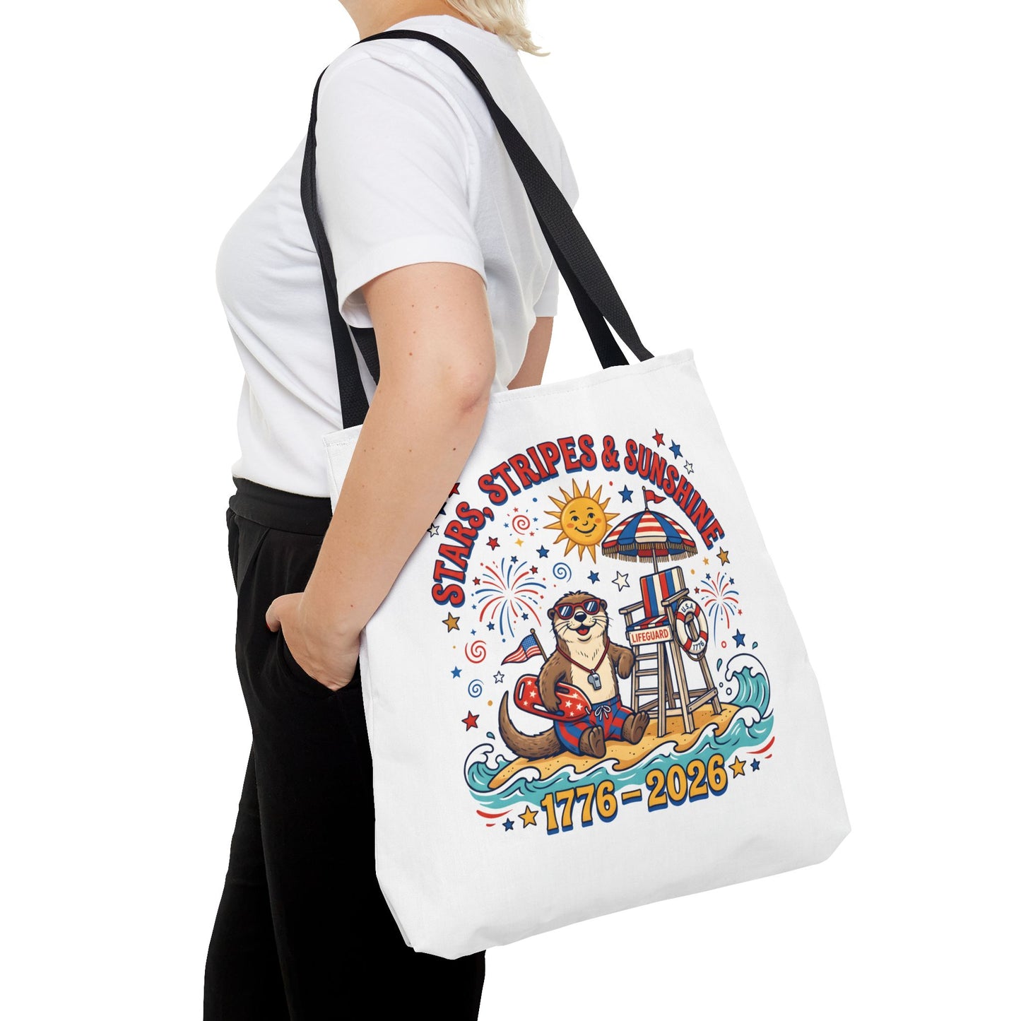 Stars, Stripes & Sunshine Tote Bag — 1776–2026 Patriotic Summer Beach Tote, 4th of July Tote