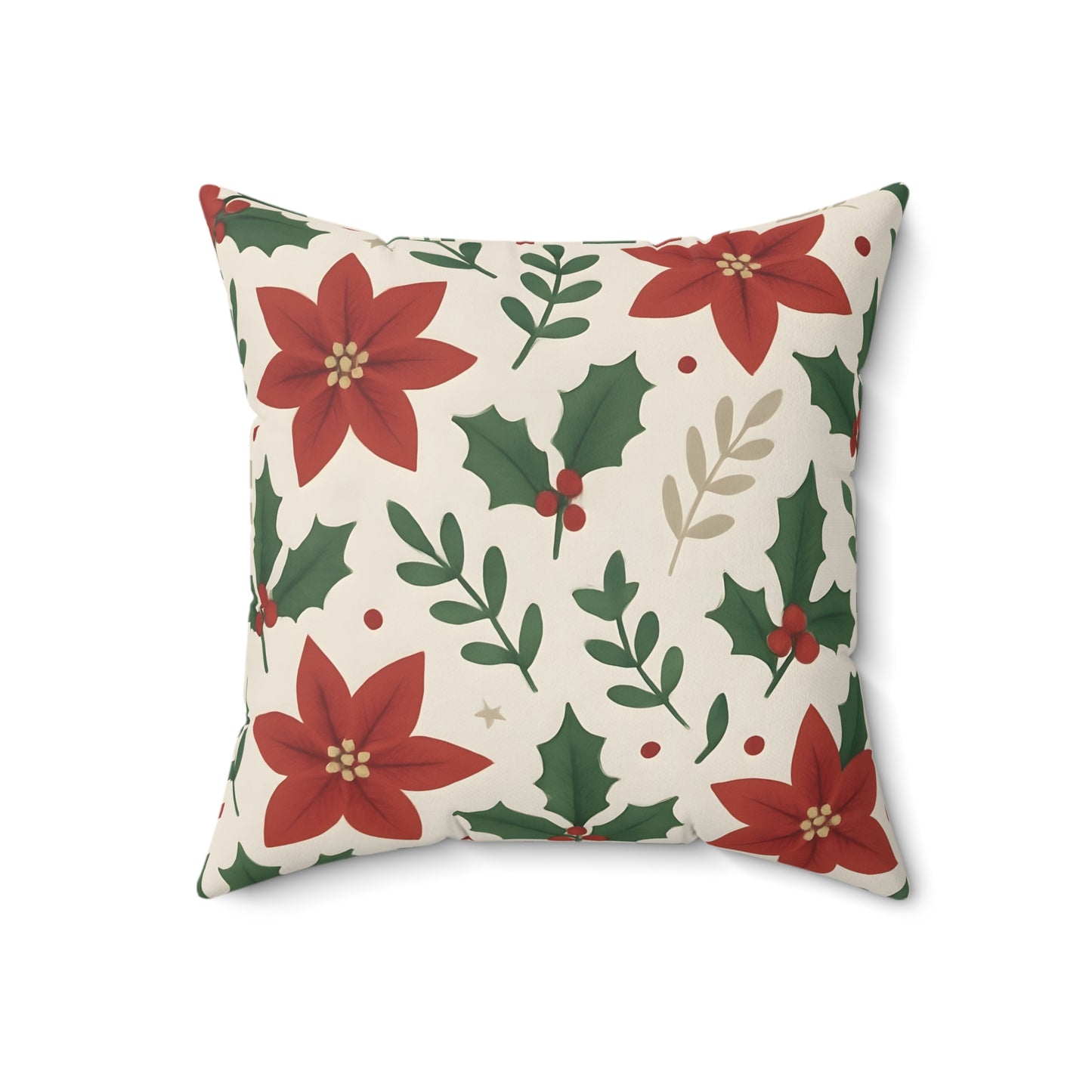 Poinsettia and Holly Leaves Holiday Throw Pillow - Festive Christmas Floral Decorative Cushion