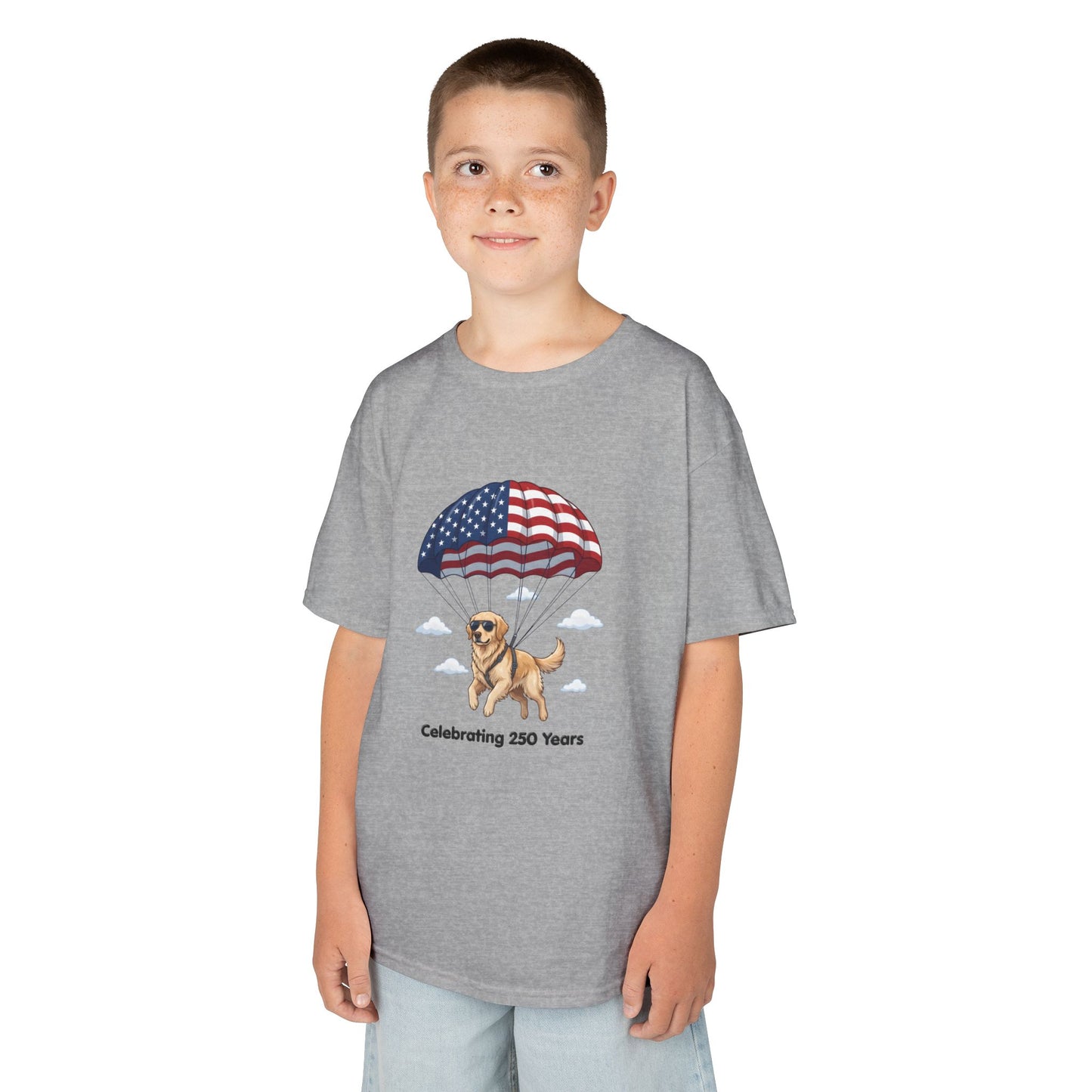 Kids Tee — Dog with Parachute, "Celebrating 250 Years" (Patriotic Fourth of July)