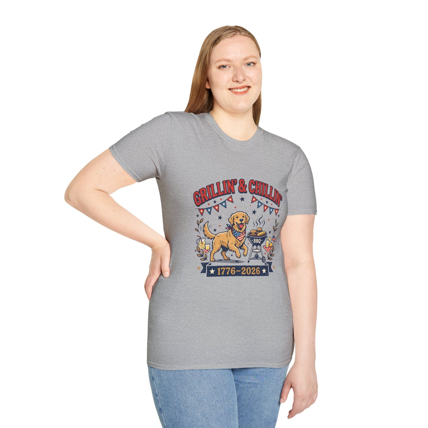 Grillin' & Chillin' BBQ Dog T-Shirt — 1776-2026 Patriotic Summer Tee, 4th of July Shirt, Independence Day Tee
