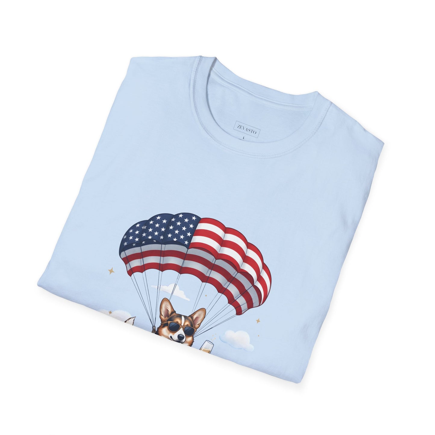 Corgi Parachute American Flag T-Shirt — "Celebrating 250 Years" Patriotic Tee