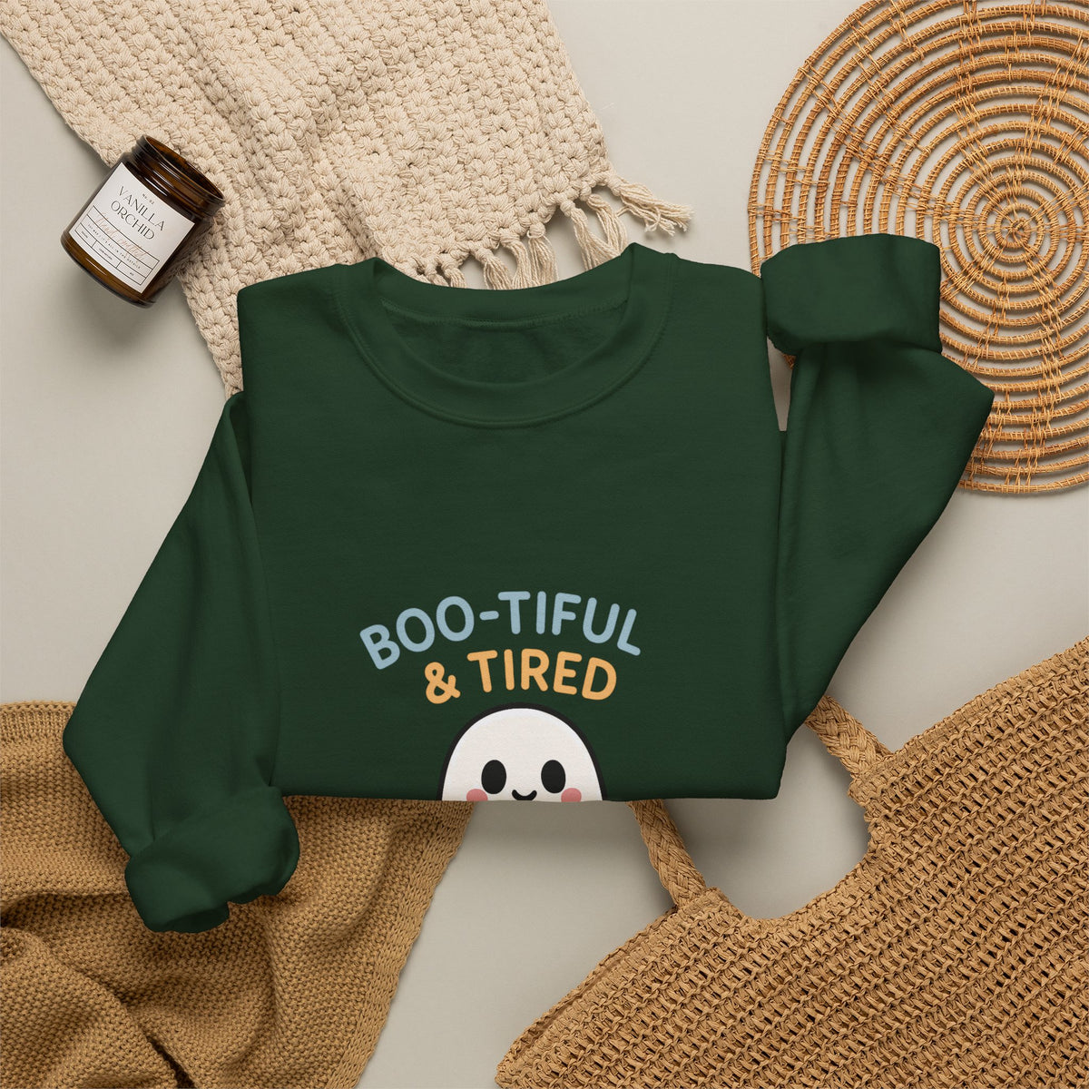 Boo-tiful & Tired Sweatshirt, Halloween-Themed Design