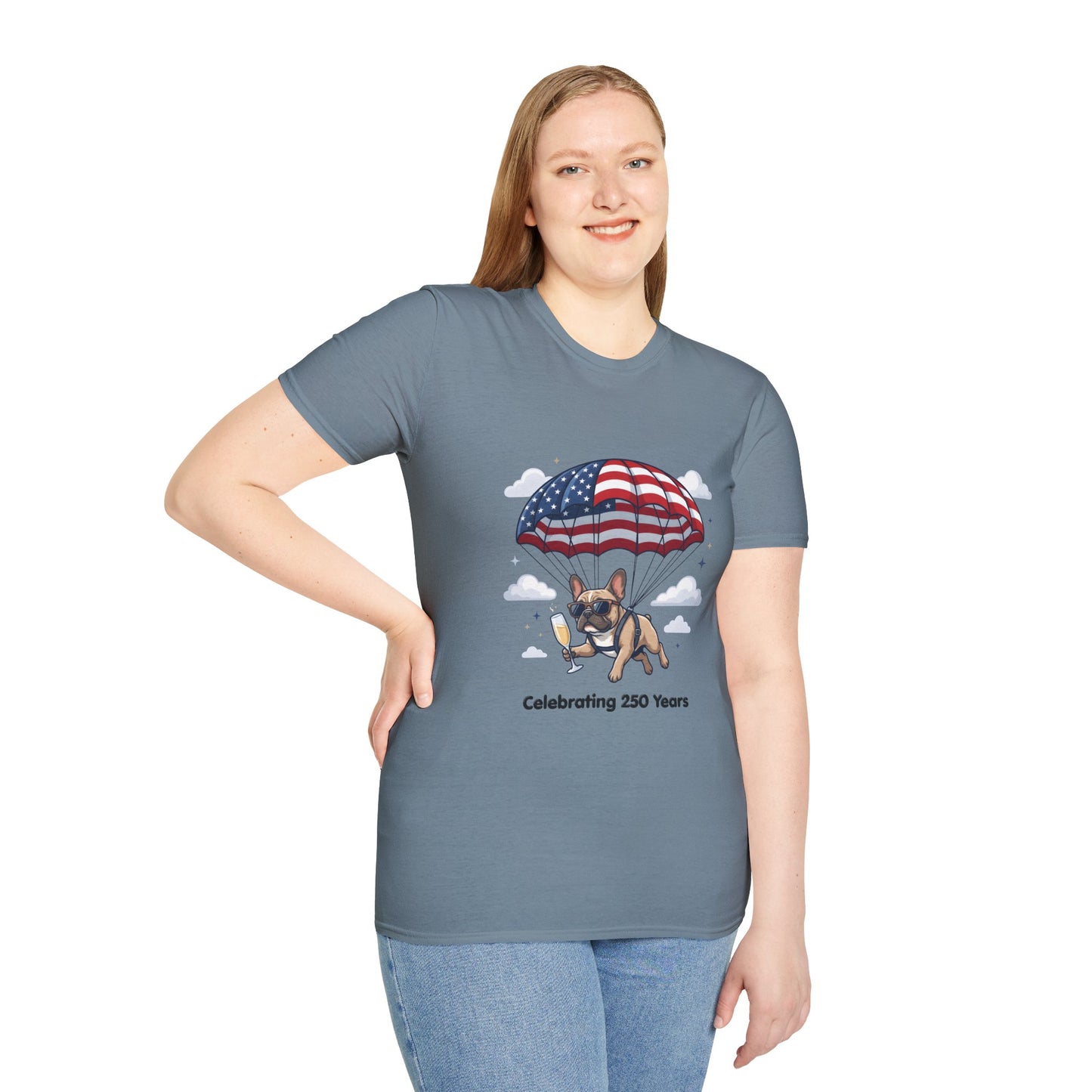 Patriotic French Bulldog T-Shirt — "Celebrating 250 Years" Parachute Design