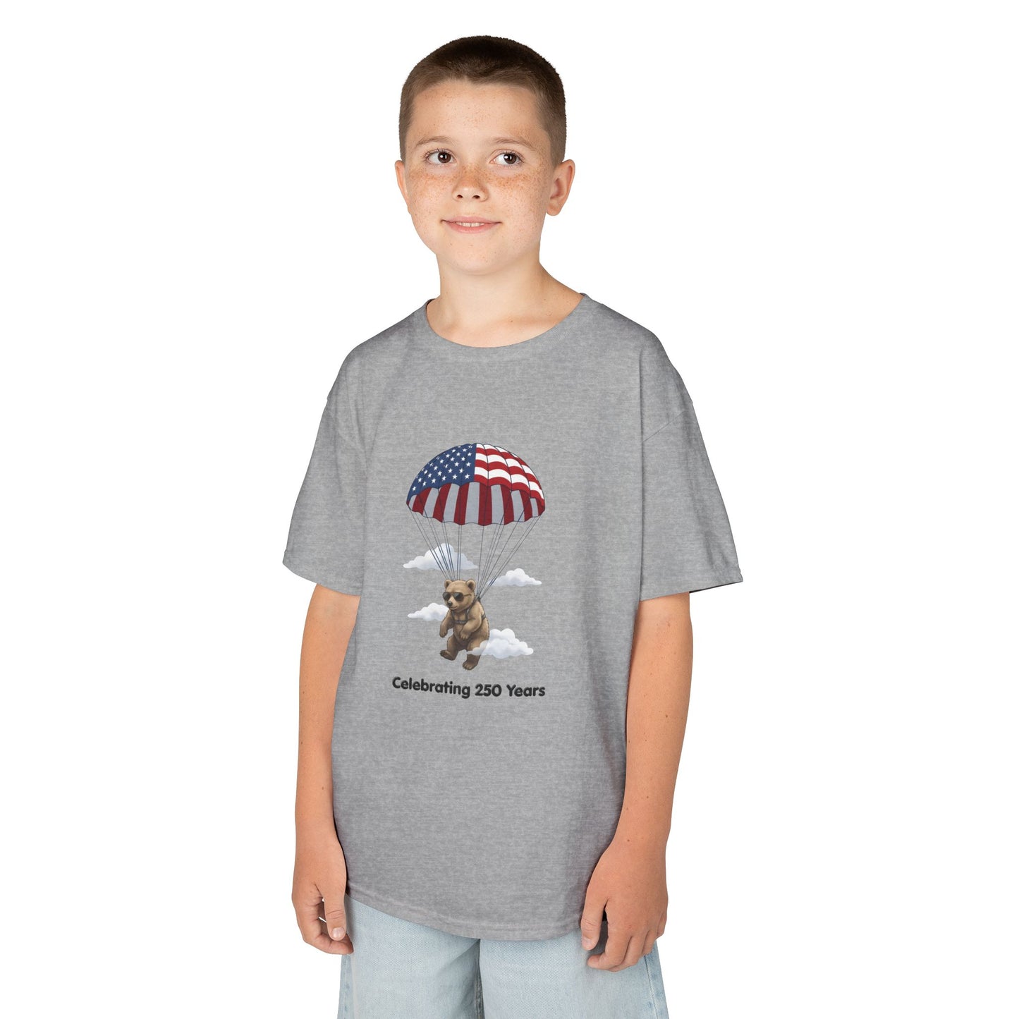 Kids Tee — Patriotic Parachute Bear "Celebrating 250 Years"