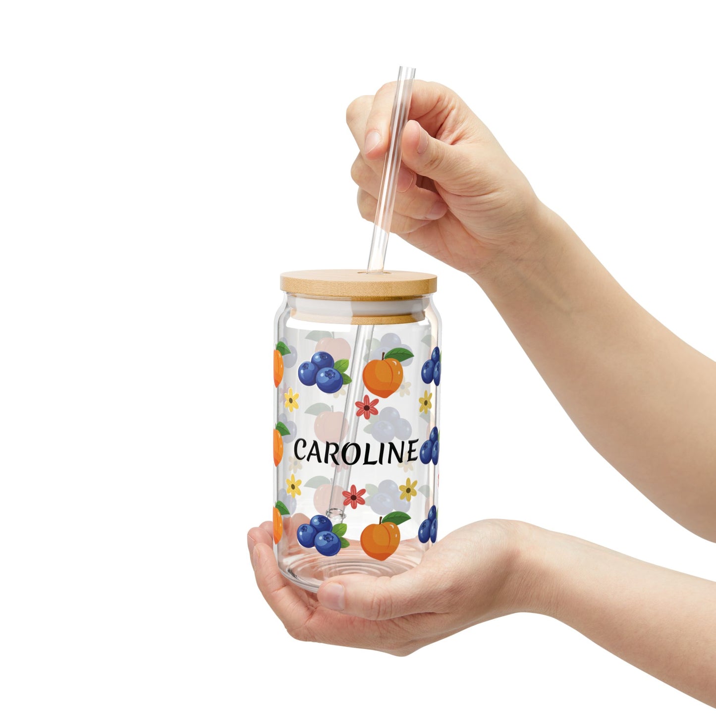 Personalized Fruit Pattern Sipper Glass - 16oz Custom Name Juice Cup
