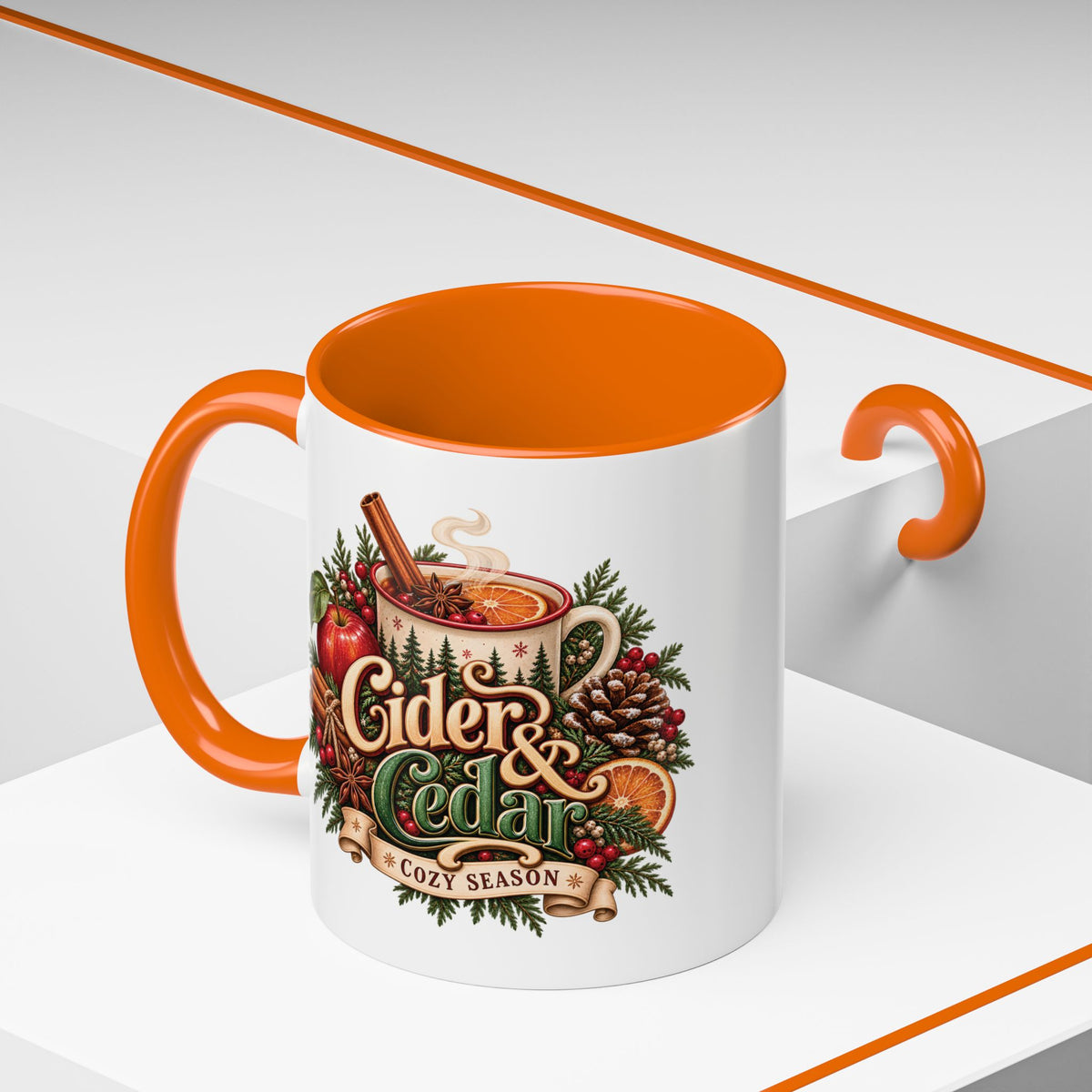 Cider & Cedar Accent Coffee Mug — Cozy Fall Hot Drink Gift (11 oz)