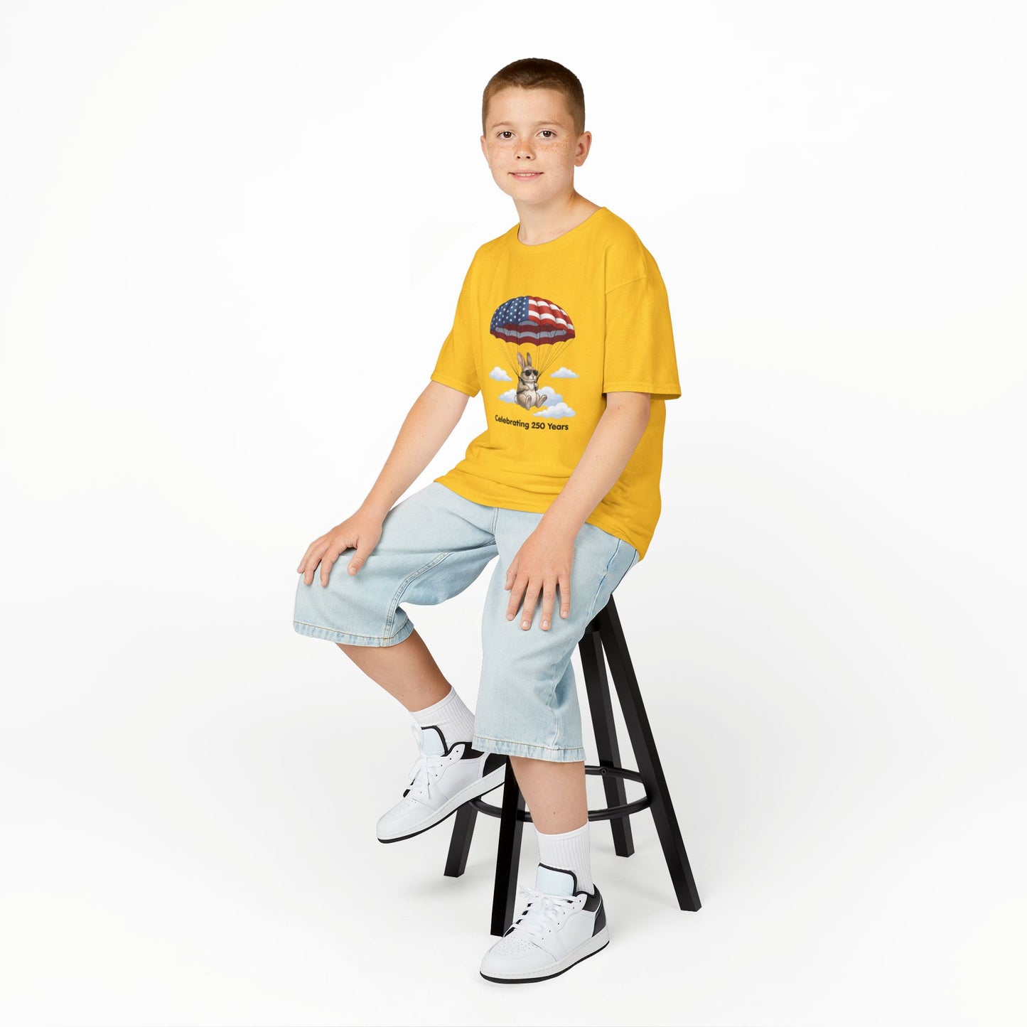 Kids Tee — Bunny with Parachute “Celebrating 250 Years”