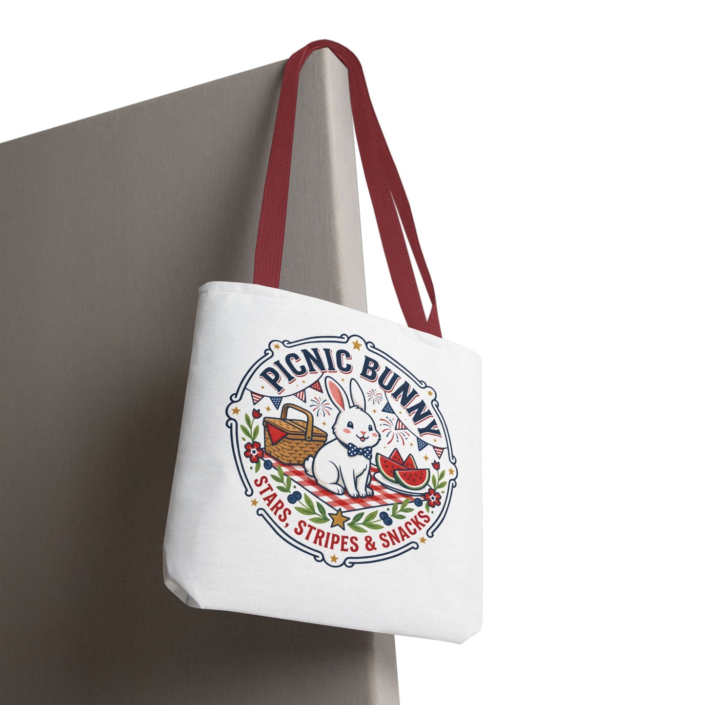 Patriotic Picnic Bunny Tote Bag — ‘Stars, Stripes & Snacks’ Cute Rabbit Picnic Tote, 4th of July Tote