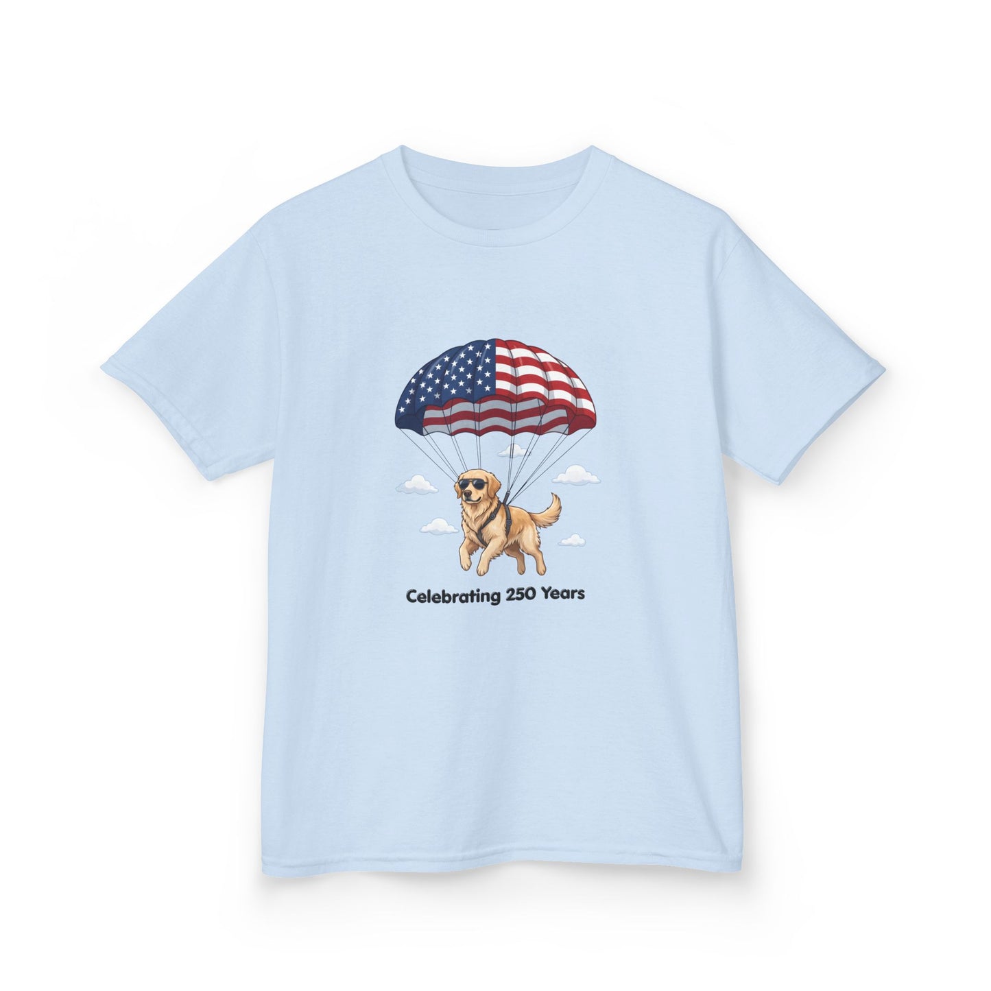 Kids Tee — Dog with Parachute, "Celebrating 250 Years" (Patriotic Fourth of July)
