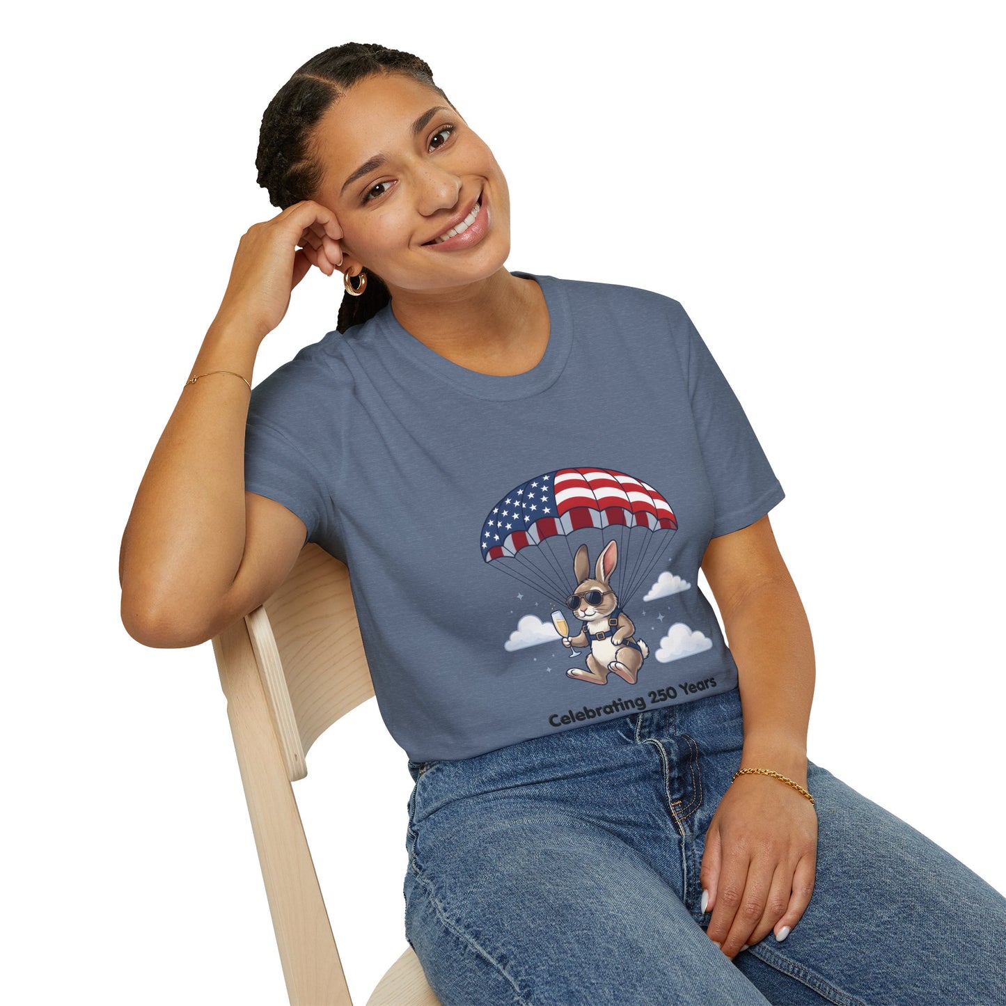 Patriotic Parachuting Bunny T-Shirt — "Celebrating 250 Years"