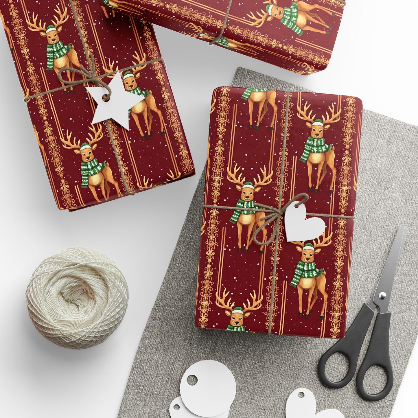 Vintage Christmas Wrap Paper, Festive Gift Wrapping Paper with Reindeer Design for Holidays