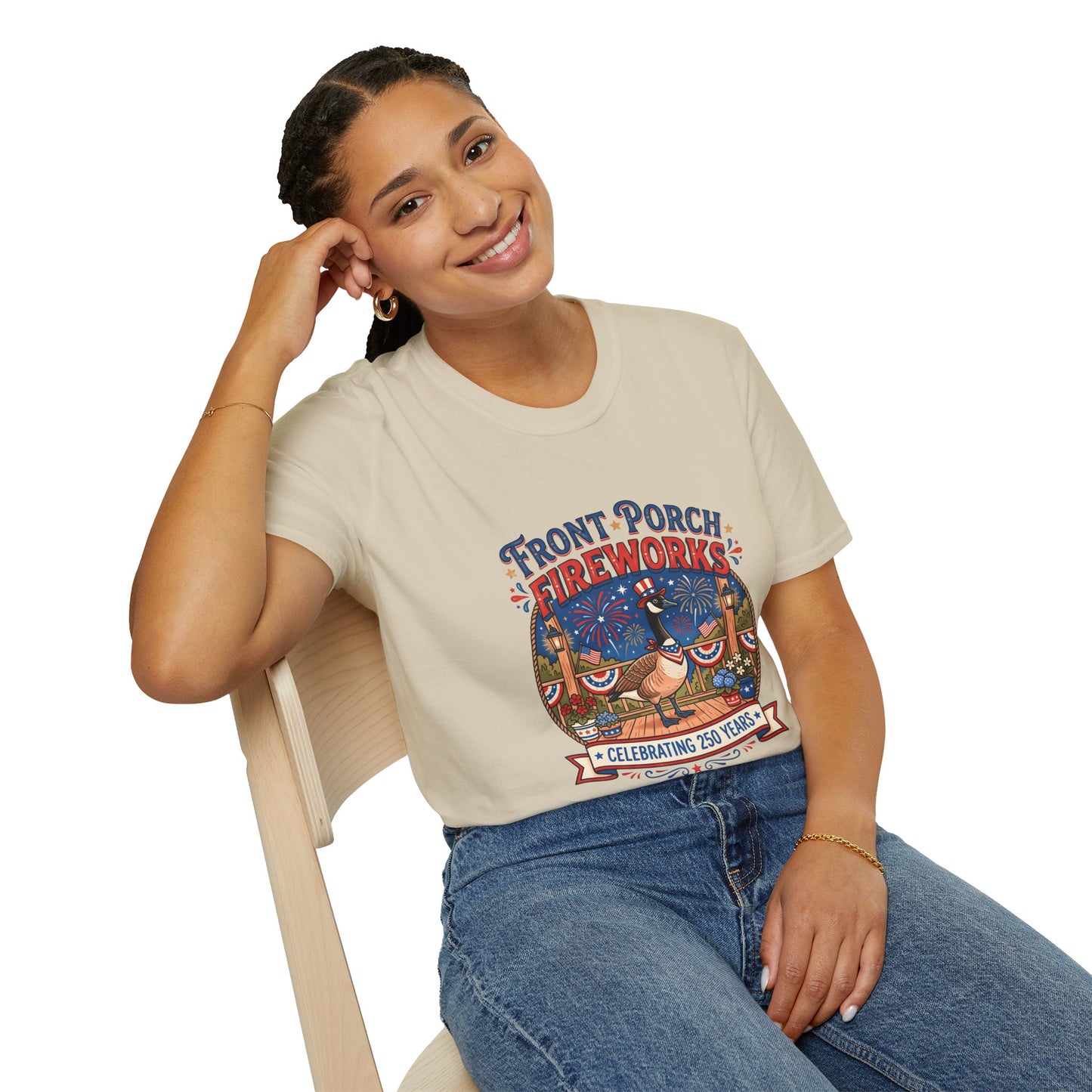 Front Porch Fireworks, Goose T-Shirt — Patriotic 4th of July Celebration Tee