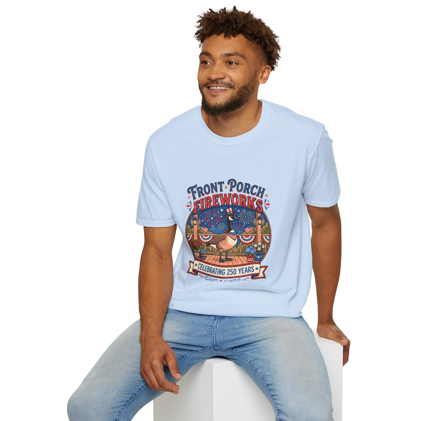 Front Porch Fireworks, Goose T-Shirt — Patriotic 4th of July Celebration Tee