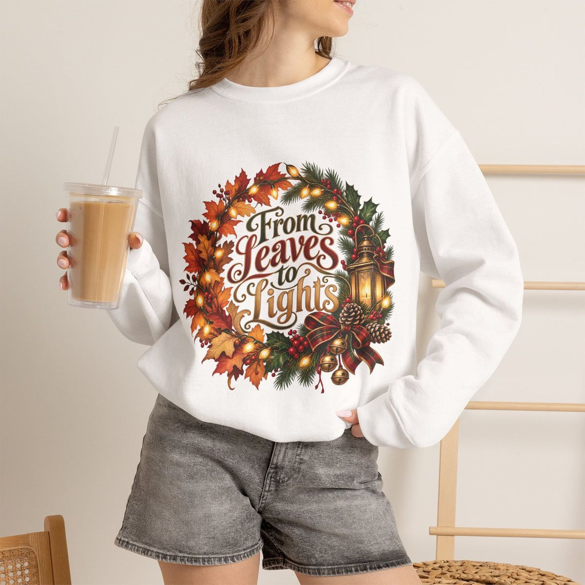 Christmas Crewneck Sweatshirt — "From Leaves to Lights" Autumn to Holiday Wreath Design
