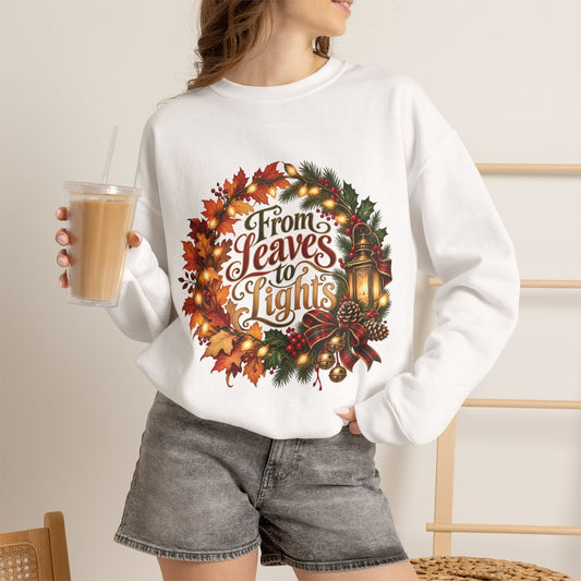 Christmas Crewneck Sweatshirt — "From Leaves to Lights" Autumn to Holiday Wreath Design