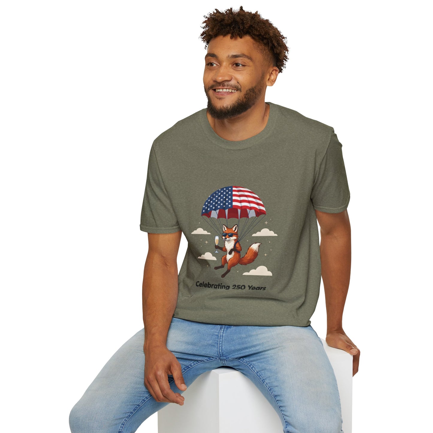 Patriotic Fox Parachute T-Shirt — "Celebrating 250 Years" Anniversary Tee