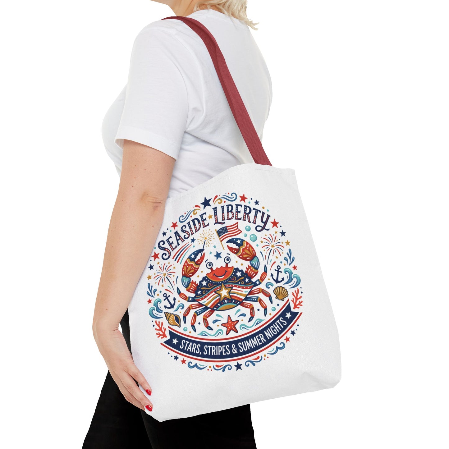 Seaside Liberty Tote Bag — 4th of July, Patriotic Bag "Stars, Stripes & Summer Nights"