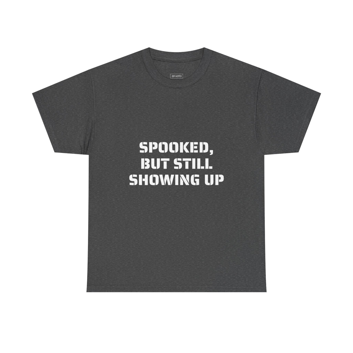 Spooked, But Still Showing Up Unisex Heavy Cotton Tee | Halloween, Funny T-Shirt