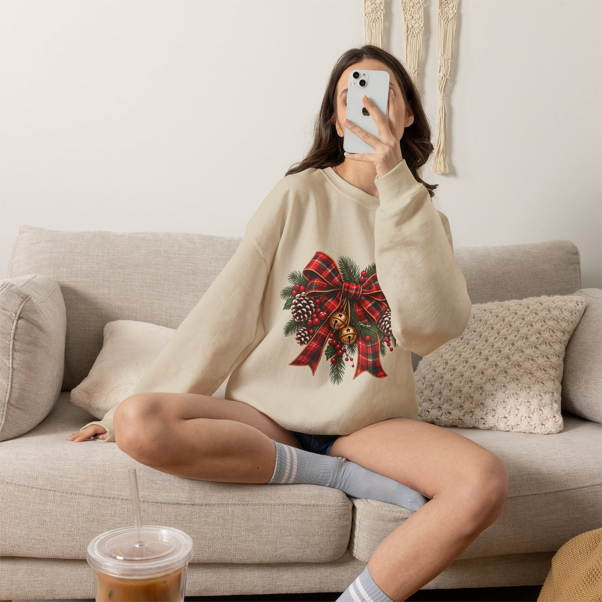 Christmas Plaid Bow Sweatshirt - Holiday Pinecone & Jingle Bells Crewneck