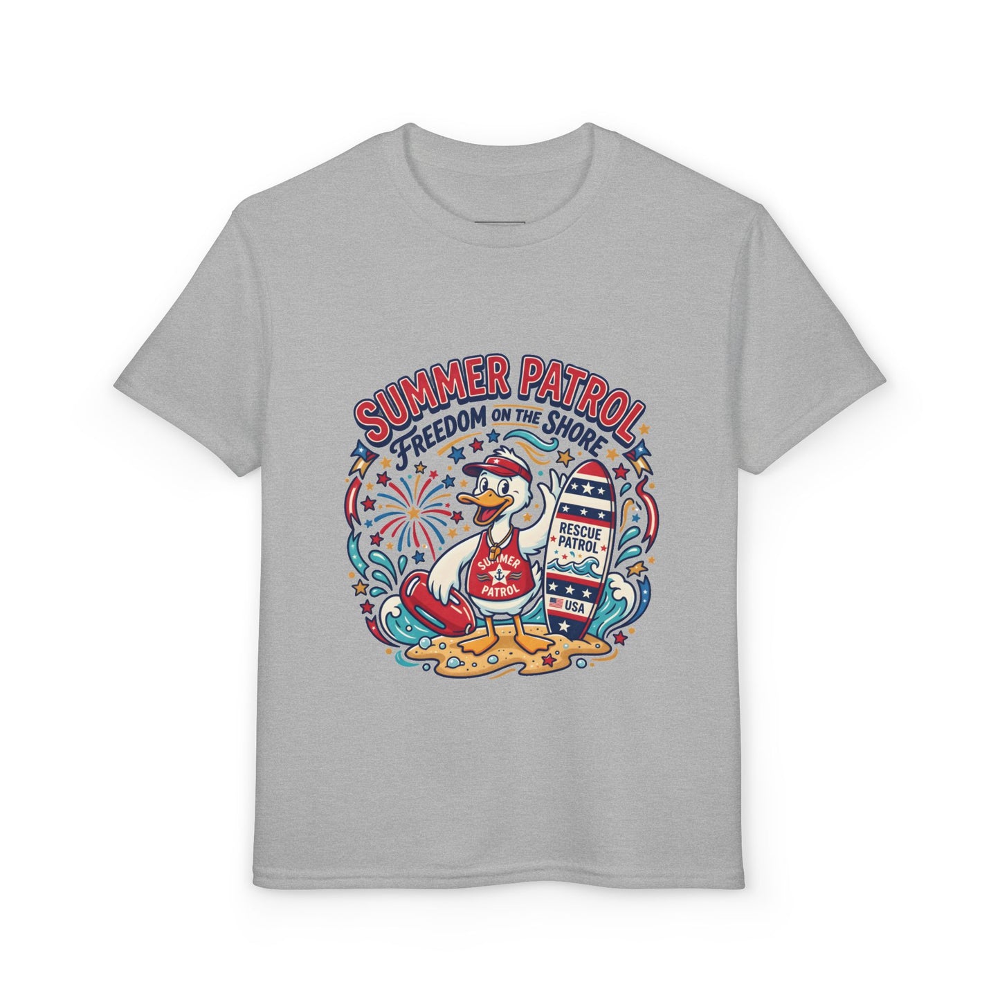 Summer Patrol Kids T‑Shirt — Lifeguard Duck Beach Graphic, 4th of July Tee