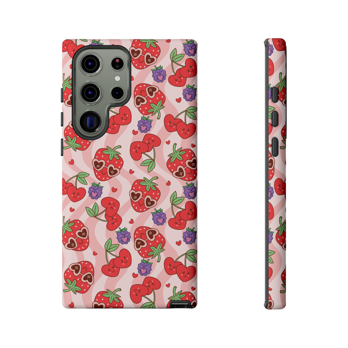 Cute Kawaii Strawberry & Cherry Phone Case — Pink Fruit Pattern Protective Case