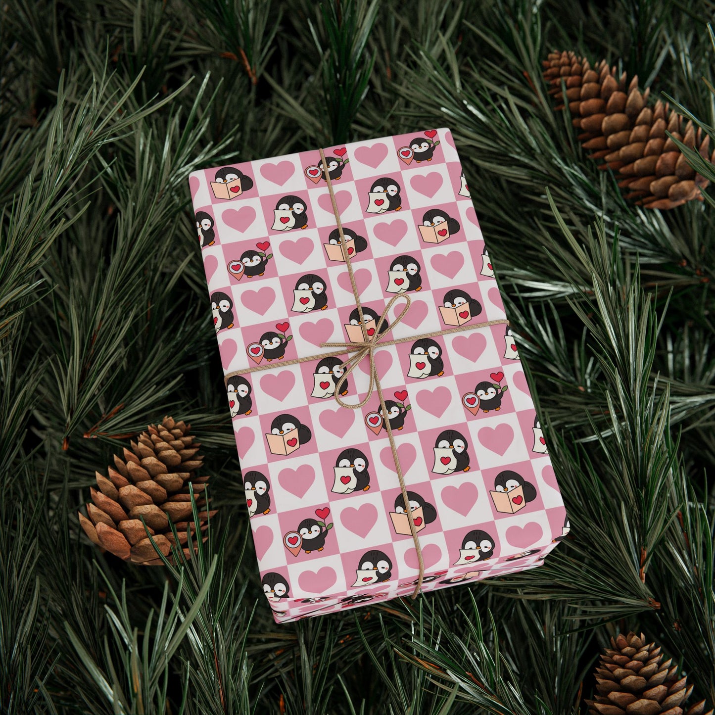 Penguin Hearts Wrapping Paper Roll — Pink Valentine Gift Wrap
