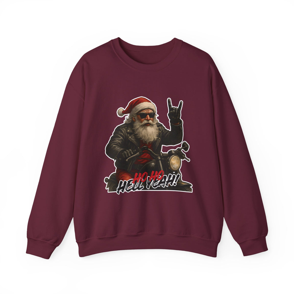Santa Biker Crewneck Sweatshirt – 'Ho Ho Hell Yeah' Christmas Motorcycle Pullover