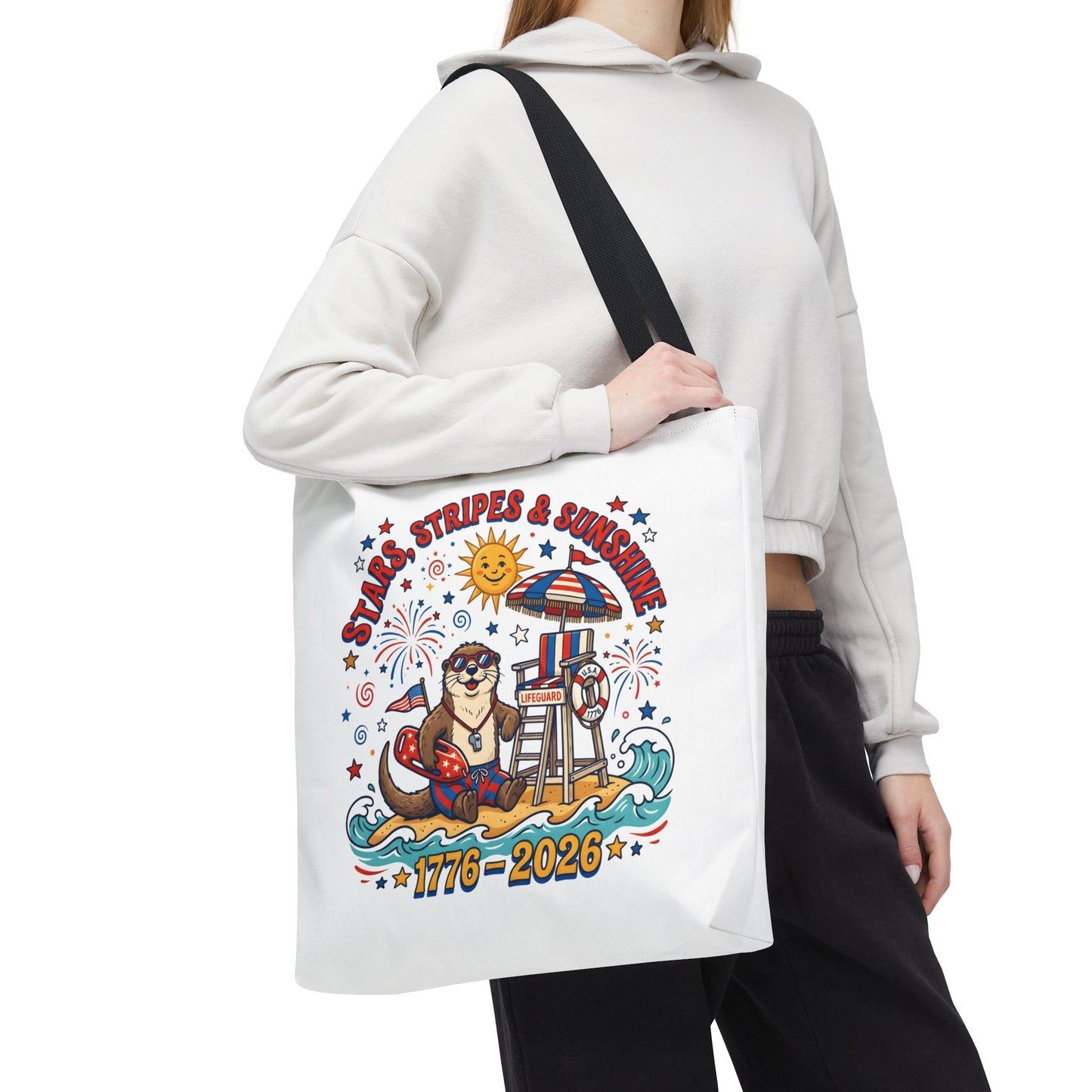 Stars, Stripes & Sunshine Tote Bag — 1776–2026 Patriotic Summer Beach Tote, 4th of July Tote