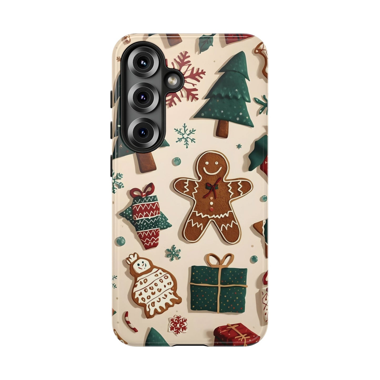 Christmas Phone Case with Gingerbread and Christmas Tree Design, Dual Layer Case for Iphone 17, 16, 15, 14, 13, 12, 11 & Samsung