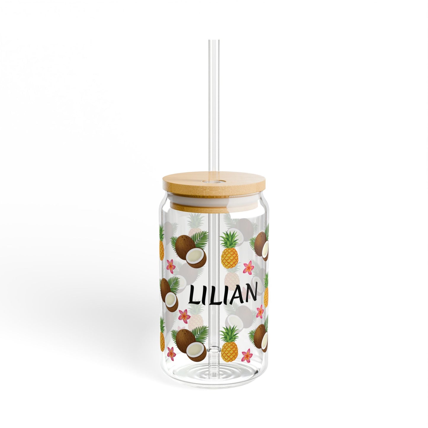 Personalized Tropical Sipper Glass — 16oz Pineapple & Coconut Straw Tumbler