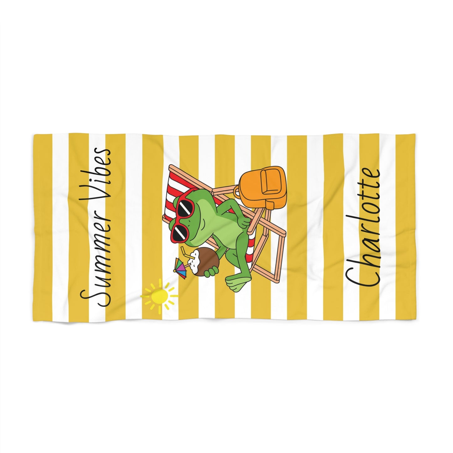Personalized 'Summer Vibes' Frog Beach Towel — Custom Name Yellow Stripe