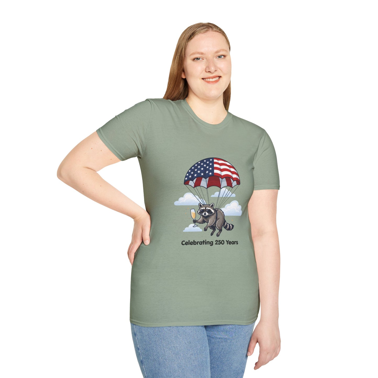 Patriotic Parachuting Raccoon T-Shirt — "Celebrating 250 Years"