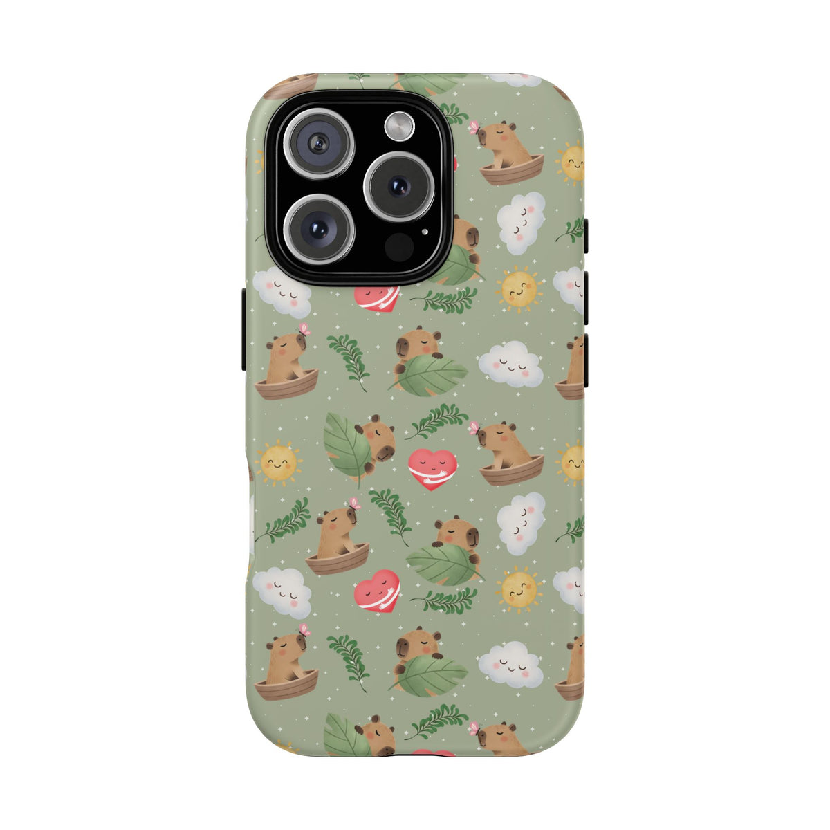 Cute Capybara Pattern Phone Case — Green Botanical Tough Case