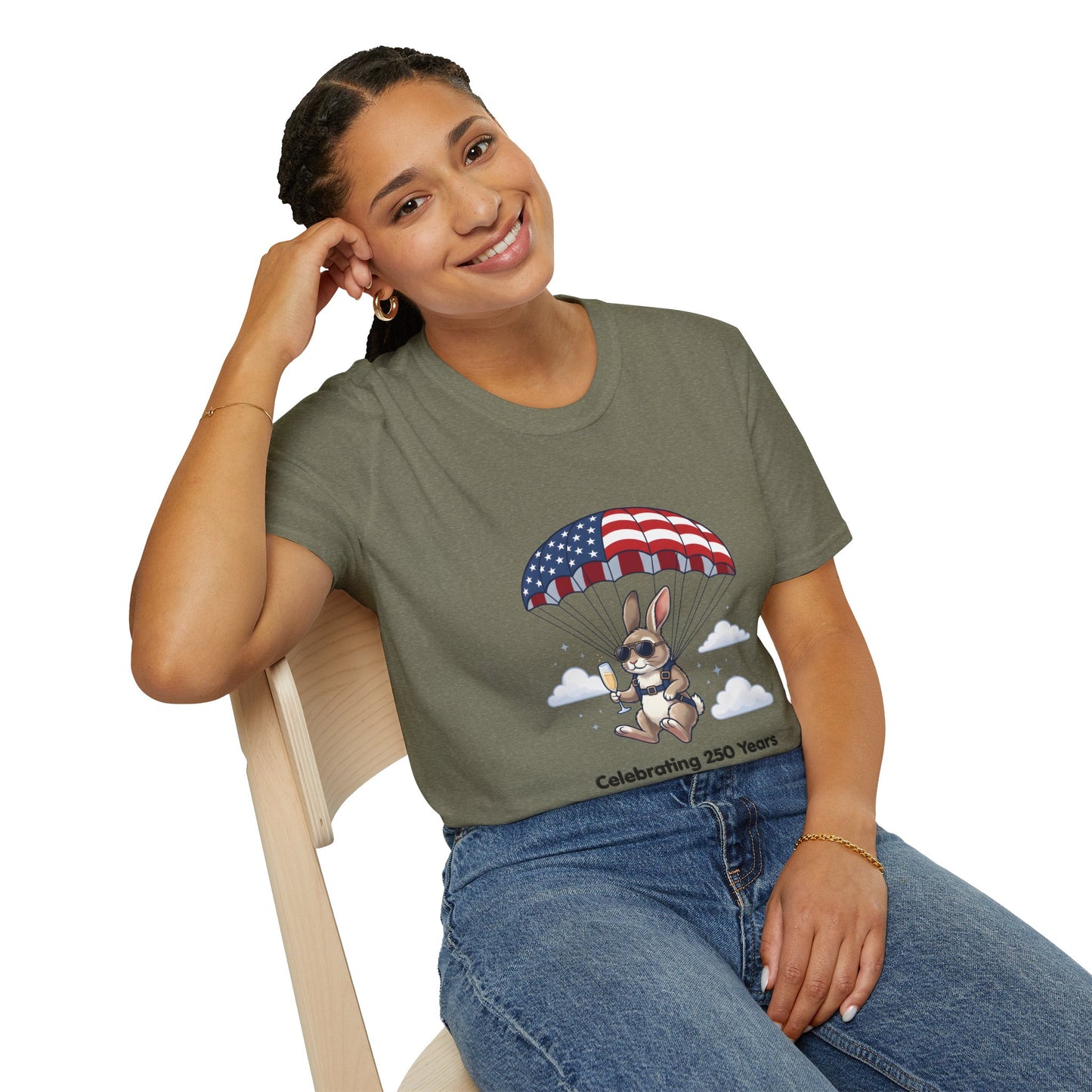 Patriotic Parachuting Bunny T-Shirt — "Celebrating 250 Years"