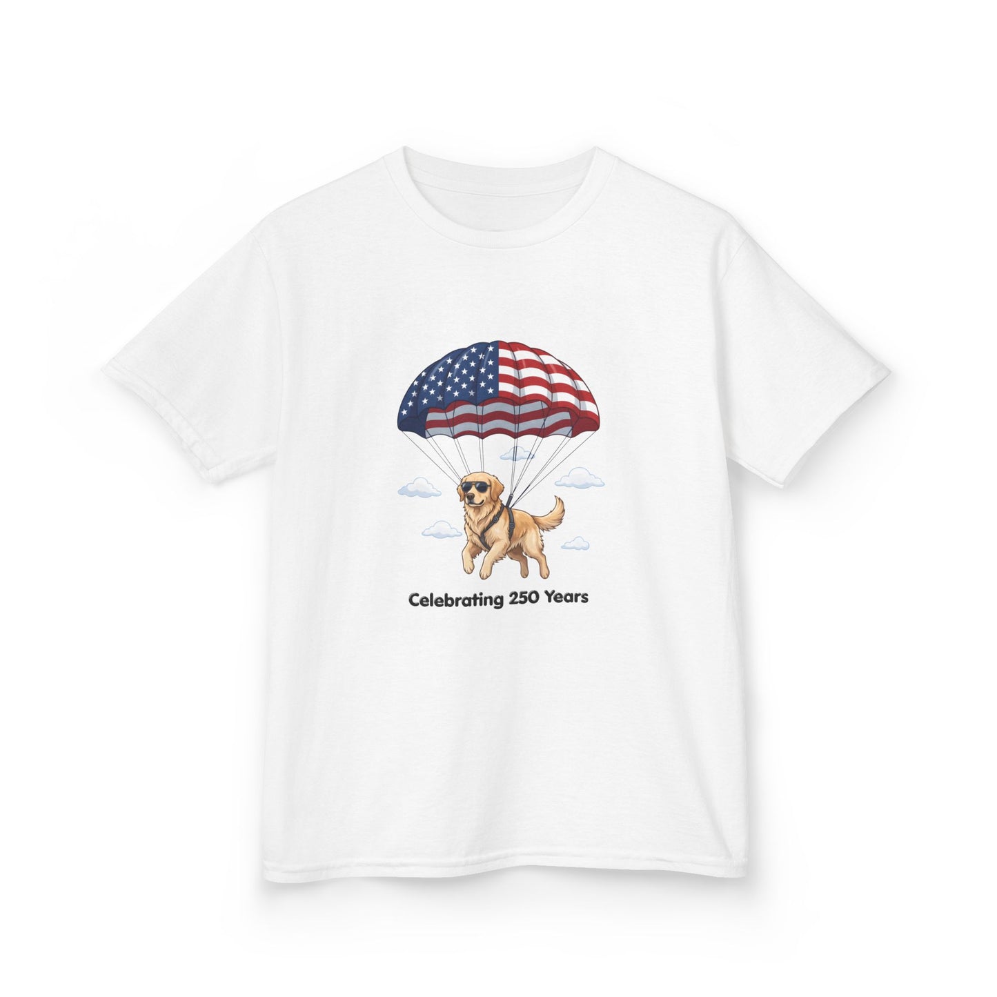 Kids Tee — Dog with Parachute, "Celebrating 250 Years" (Patriotic Fourth of July)