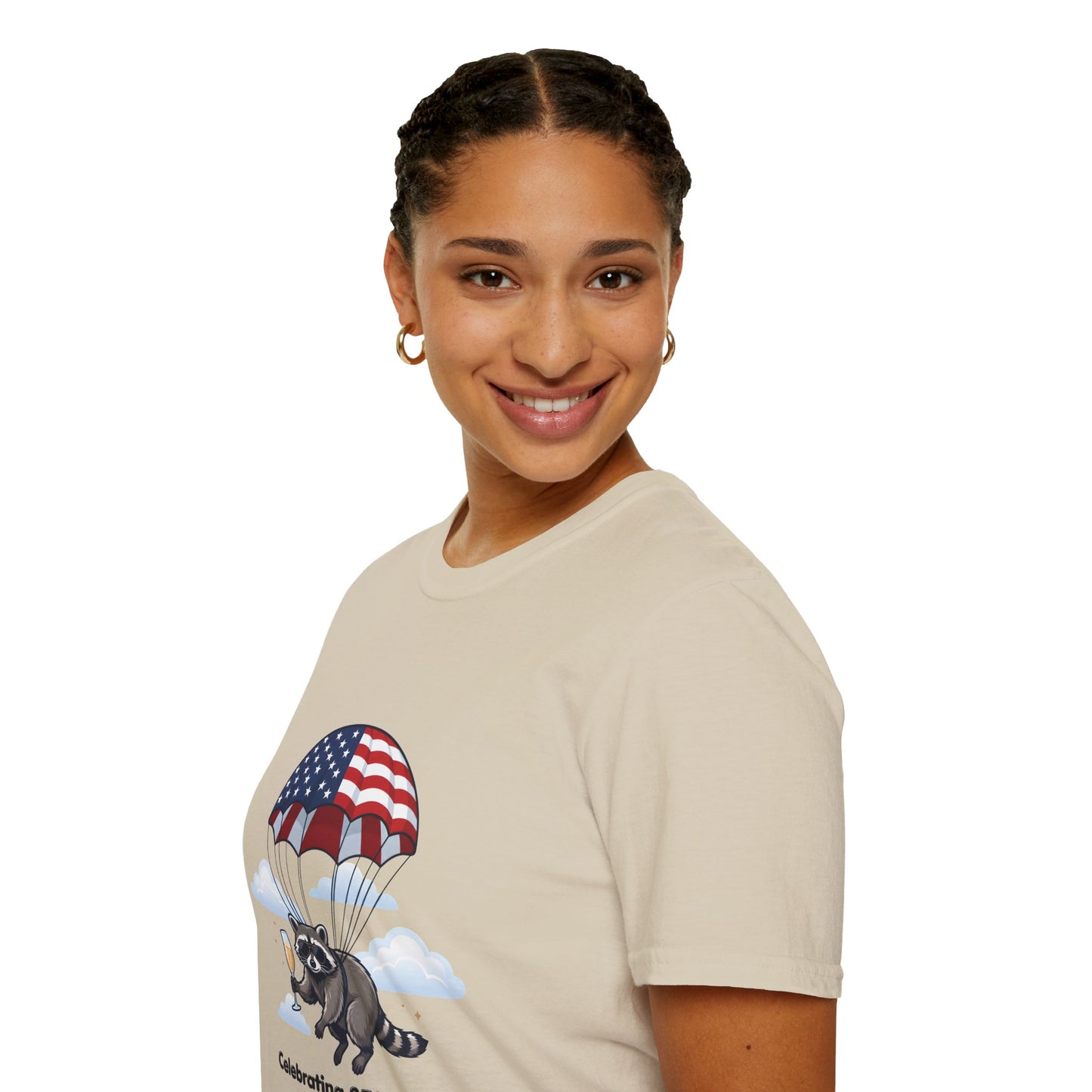 Patriotic Parachuting Raccoon T-Shirt — "Celebrating 250 Years"