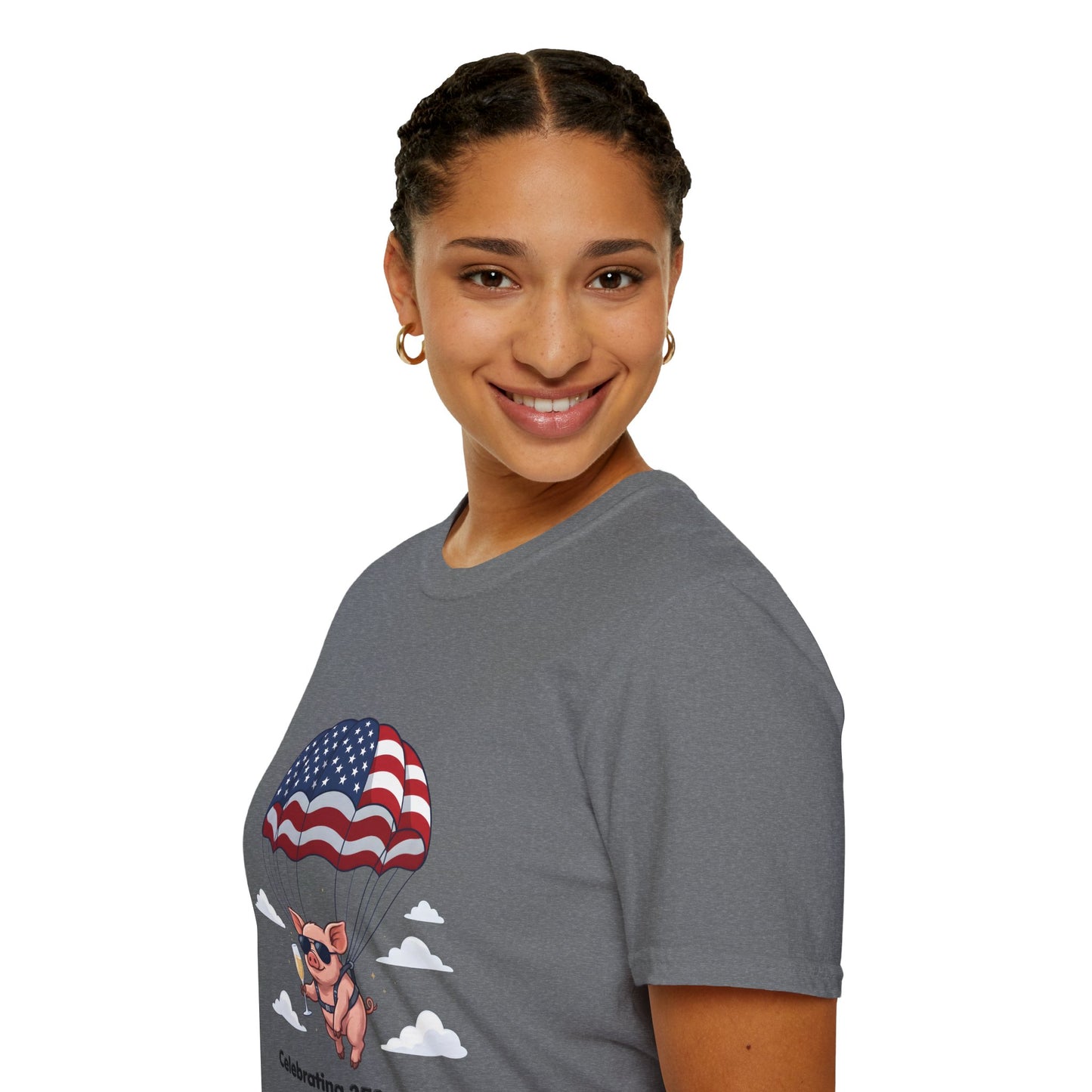 Patriotic Parachuting Piglet T-shirt - “Celebrating 250 Years”