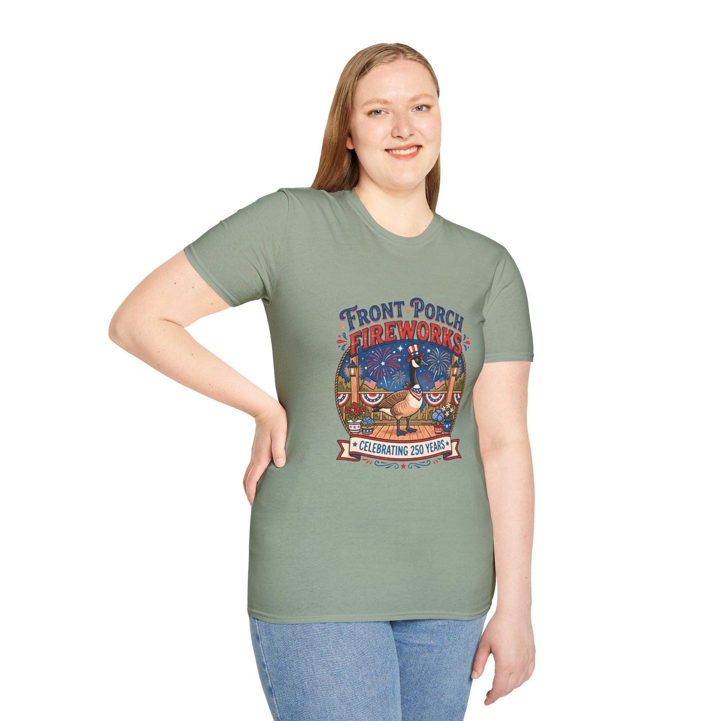 Front Porch Fireworks, Goose T-Shirt — Patriotic 4th of July Celebration Tee