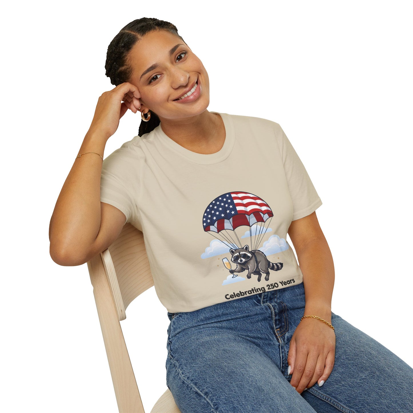 Patriotic Parachuting Raccoon T-Shirt — "Celebrating 250 Years"
