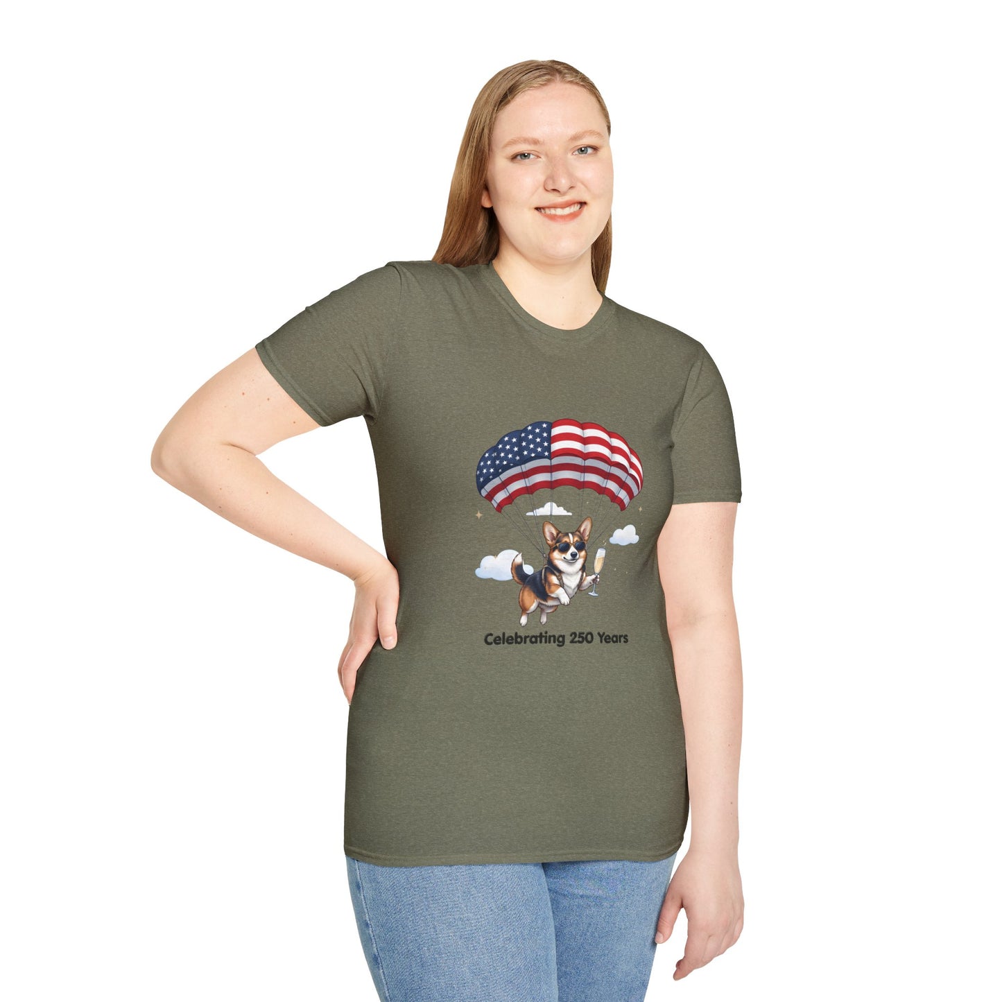 Corgi Parachute American Flag T-Shirt — "Celebrating 250 Years" Patriotic Tee