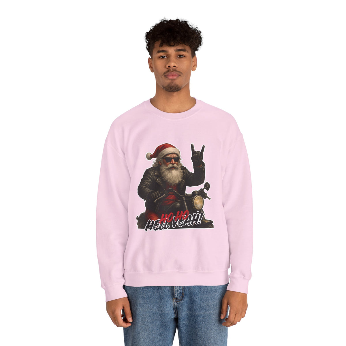 Santa Biker Crewneck Sweatshirt – 'Ho Ho Hell Yeah' Christmas Motorcycle Pullover