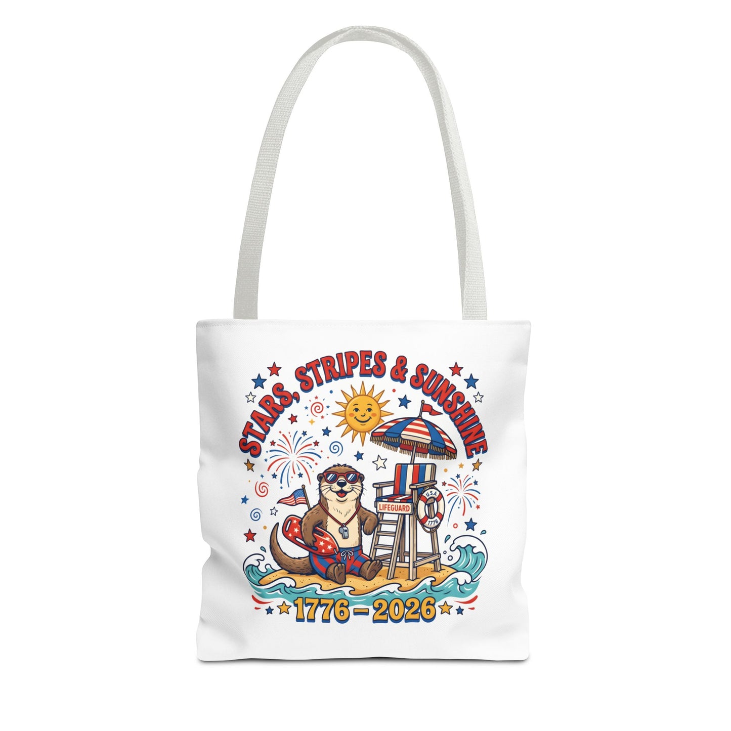 Stars, Stripes & Sunshine Tote Bag — 1776–2026 Patriotic Summer Beach Tote, 4th of July Tote